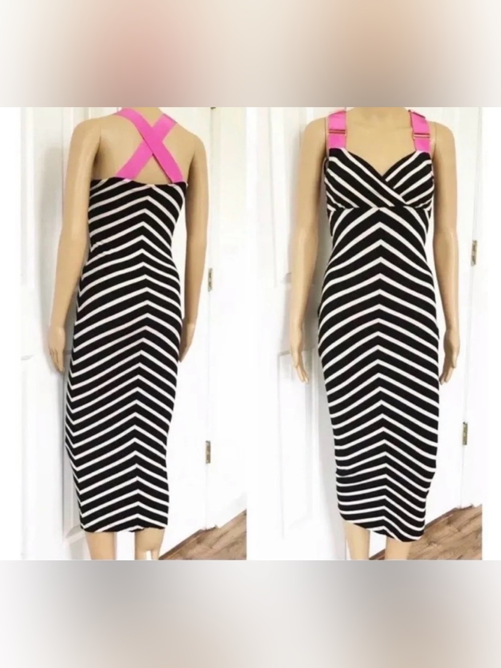 Ted Baker Black & White Chevron Midi Dress with Pink Straps